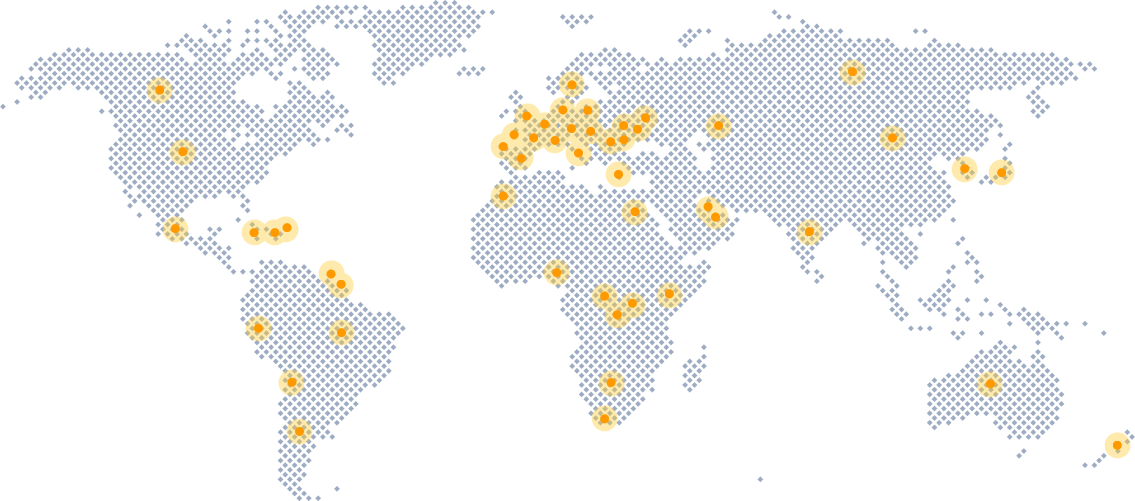 Map of the globe with blue dots on different countries